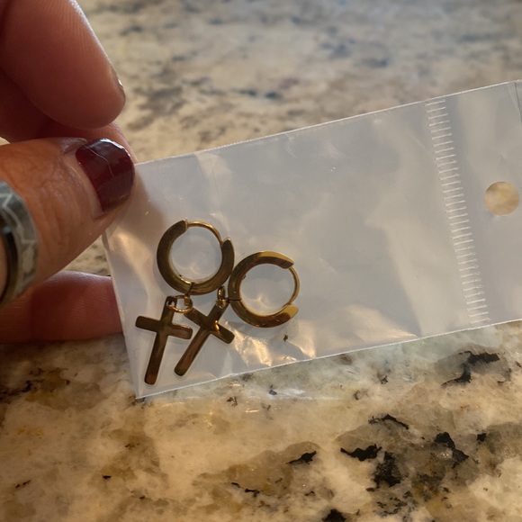 Cross dangling earrings (gold looking). - Picture 3 of 3